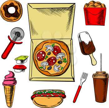 Snack food and drink icons with box of fried chicken, sauce cup surrounded by ice cream, donut, soda, hot dog and croissant
