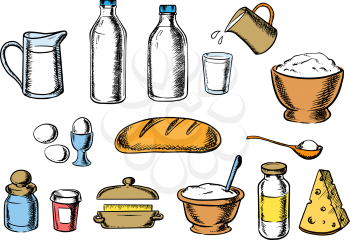 Bakery design with dough ingredients including containers of butter,salt, sugar milk, eggs, and cheese around a loaf of white bread