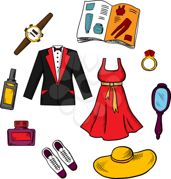 Colorful fashion icons with scattered male and female clothing, accessories, shoes, hat, jewelery, catalog and mirror