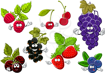 Garden berry fruits happy characters. Black currant, strawberry, raspberry, grape, blueberry, cherry and blackberry fruits