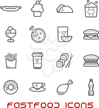 Restaurant and fast food thin line icons with pizza and sausage, burger and coffee cup, cake and chicken, tacho and ice cream, hot dog and french fries, donut and sushi, tea and soda, juice and popcor