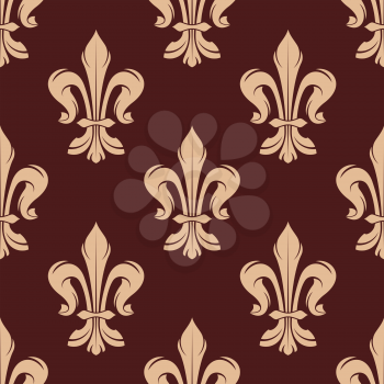 Beige and brown floral seamless pattern with french fleur-de-lis elements on dark brown background. For wallpaper and interior design
