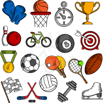 Sport and fitness icons set with silhouettes of sport balls and items, trophy cup and bicycle, racing flag and ice skate, boxing glove and stopwatch, dumbbell and medal