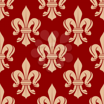 Ornate medieval french floral ornament with seamless fleur-de-lis pattern on bright red background. Fabric, textile or interior design