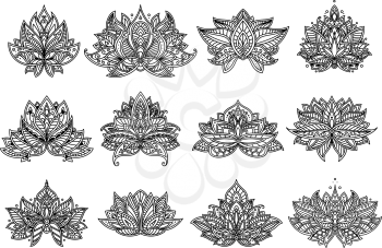 Outline ornamental paisley flowers and mandala with persian stylized curved petals and leaves. Floral design elements set