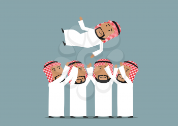 Joyful cartoon arab businessmen throwing the leader of business team up in the air and congratulating him with victory and success. Business concept of teamwork, celebration, success and victory
