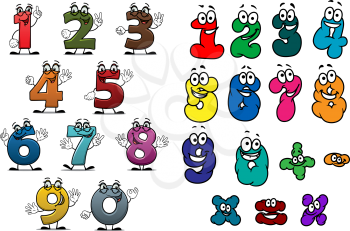 Cartoon funny colorful numbers and digits characters with happy faces for education or birthday design