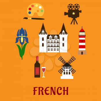 French national flat icons with elegant castle surrounded by bottle of red wine with glass, windmill, movie projector, lighthouse, paint palette, royal iris flower