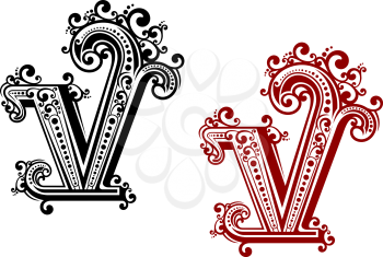 Decorative capital letter V with vintage calligraphic elements and floral ornamental curlicues, in red and black color variations. For monogram or initials design