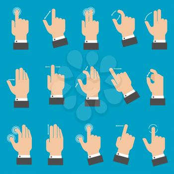 Set of hands with multitouch gestures for tablet or smartphone on blue background. Flat style 