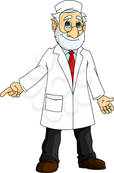 Cartoon mature bearded doctor in glasses and white medical coat and cap pointing finger away, for healthcare or medicine design