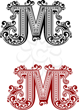 Uppercase letter M decorated with calligraphic swirl ornaments, flowing lines and dots for page decoration or monogram design