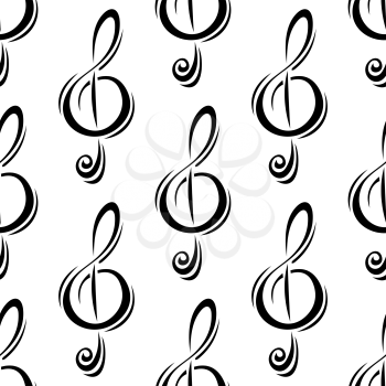 Decorative musical treble clefs seamless pattern in black and white colors, for music or background design
