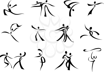 Dancing people abstract black silhouette composed of curling ribbons for sporting or entertainment design