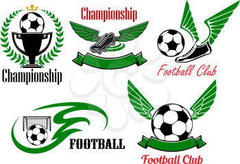 Football club or championship icons with soccer balls, winged shoes, trophy cup and gate, decorated by laurel wreath, crown, tribal flame and ribbon banners