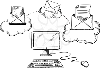 Process of sending e-mail by desktop computer with monitor, mouse and keyboard, sent and received letters on clouds above, outline sketch style