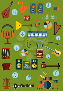 Musical flat icons with saxophone, electric guitar, synthesizer, balalaika, drum  harps, accordion ethnic stringed instruments, acoustic system microphones, headphones, digital player and notes