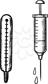 Medical glass thermometer and syringe icons isolated on white background, sketch style