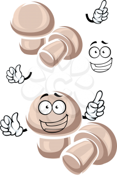 Happy fresh champignon mushroom cartoon characters with round white cap and short stipe. For cafe menu or food themes design