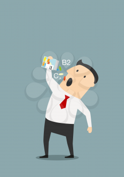 Businessman taking colorful vitamins pills from a bottle with wide open mouth. Cartoon image for healthcare concept