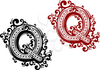Retro stylized capital letter Q in black and red colors with floral elements for invitation or monogram design