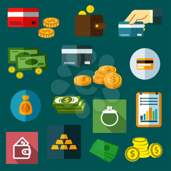 Finance, business and money flat icons of dollar bills and golden coins, stack of gold bars, wallet, money bag, bank credit cards and financial report 