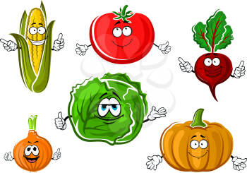 Autumnal red tomato, corn cob, onion, cabbage, beet and orange pumpkin vegetables cartoon characters for vegetarian food or agriculture themes