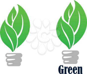 Green light bulb abstract icon with fresh leaves, for environment or save energy concept design 