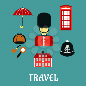 Great Britain travel flat iocns and symbols with guard soldier, red telephone booth, police helmet, detective cap, pipe and magnifier, umbrella and old building