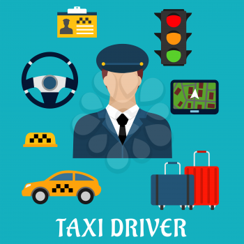 Taxi driver profession flat icons with man in uniform and yellow car, luggage, steering wheel and navigation map, traffic light, checkered roof sign and name badge