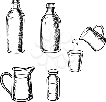 Fresh farm milk in bottles, jugs and glass. Isolated on white background, sketch icons