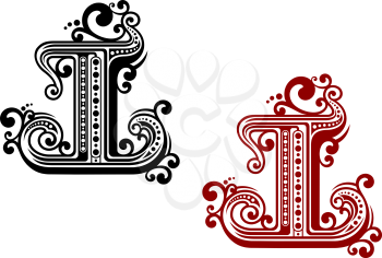 Decorative capital letter I in red and black color variations, adorned by retro ornament with dots and floral curlicues. For monogram or font design