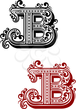 Calligraphic letter B in uppercase font with elegant swirls and dots ornament for certificate or monogram design