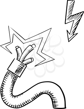 Electrical safety sketch showing damaged electrical power cable with sparkling bared wires and lightning bolt as high voltage symbol