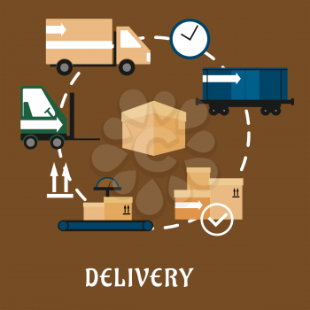 Delivery, shipping and logistics flat icons with container train, delivery packages, truck, scale conveyor, packaging signs, forklift truck, clock with cardboard box