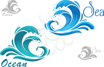Stormy sea blue waves icon with water splashes and swirling drops, for nature or marine design