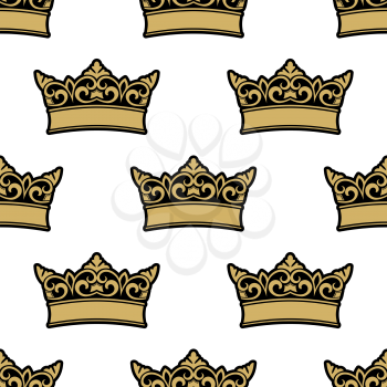 Medieval royal golden crowns seamless pattern, adorned by floral elements on white background. For heraldry theme design