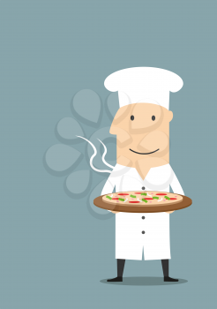 Cartoon joyful baker in white chef hat carrying fresh baked hot pepperoni pizza on wooden plate