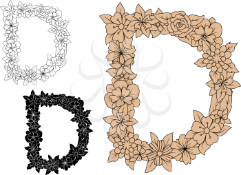 Floral capital letter D with flourishes and leaves, in outline, black and beige variations