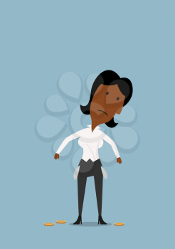 Cartoon sad african american businesswoman with empty pockets and last coins, for financial crisis or bankruptcy theme