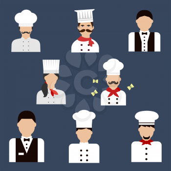 Food service profession flat icons with chefs, bakers in uniform tunics and hats and waiters in elegant vests with tie bows