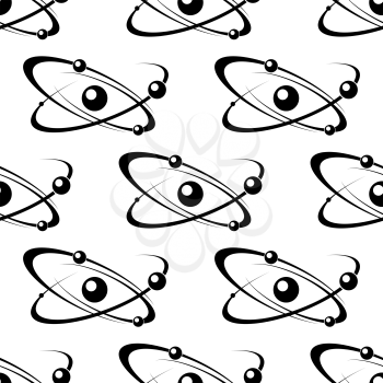 Models of atoms seamless pattern with electrons orbiting the nucleus on white background. For science or research theme design