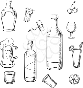 Wine bottles, whiskey, liquor, beer and cocktails with lemons, cherries and corkscrew. Sketch icons for food and drinks design