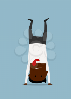 African american businessman in suit doing yoga handstand pose, trying to relax after busy day. Cartoon flat character