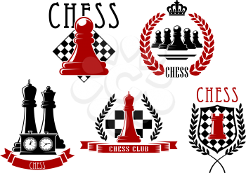 Chess sporting club emblems and logo with chessboards, clock, queen, rook and pawns pieces, supplemented by medieval shield, laurel wreaths, ribbon banners and crown