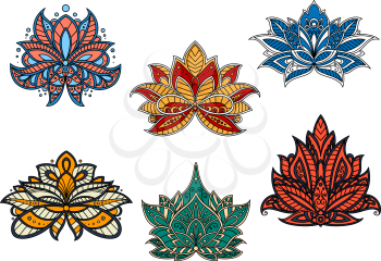 Bright colorful indian stylized paisley flowers, adorned by ethnic ornaments with flourishes, wavy lines and tendrils, for fabric or carpet pattern design