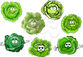 Round green heads of cabbage vegetables cartoon characters with crunchy juicy leaves and happy faces, for agriculture harvest design