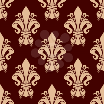 Elegant fleur-de-lis floral pattern with curly vintage elements on brown background, for luxury interior or textile design