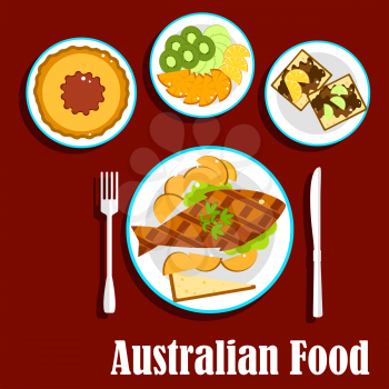 Australian cuisine dishes with fish and chips, meat pie with tomato sauce, fruit salad with slices of apple, orange, kiwi and lemon fruits, toasts with brown australian food pasta