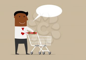 Happy cartoon black businessman with shopping cart and blank speech bubble above. Retail and commerce theme design